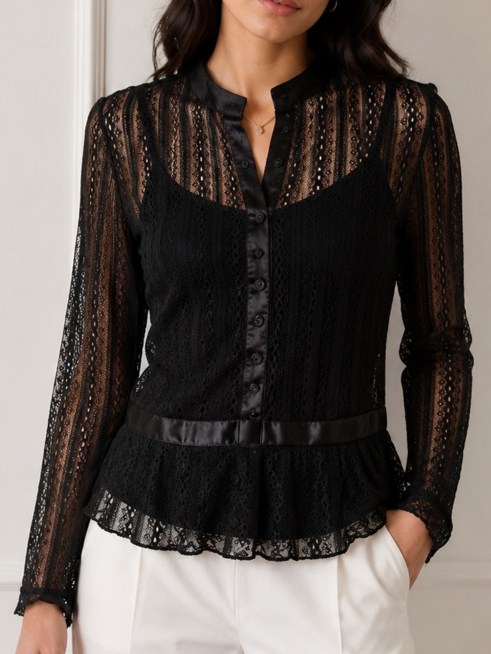 INC International Concepts Black Lace Long Sleeve Peplum Blouse